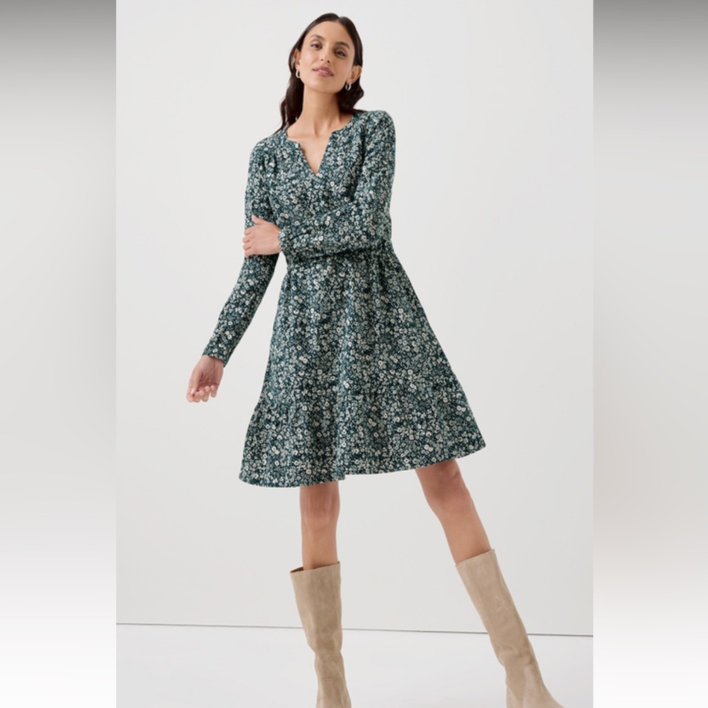 Pact Women's Long Sleeve Green Floral Tiered Dress